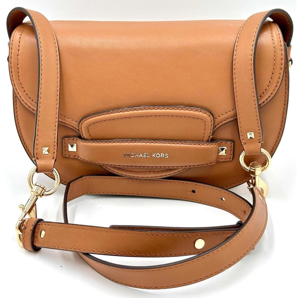 MICHAEL KORS Cary Medium Leather Saddle Bag Acorn Brown Great Fall Color NWT - Picture 1 of 9